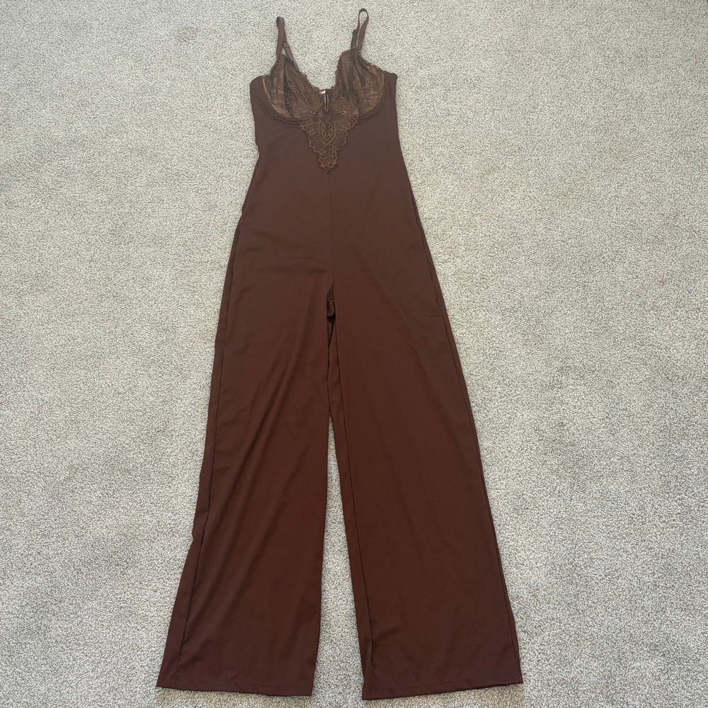 Popilush Shapewear Lace Deep V-Neck Sculpting Wide Leg Jumpsuit Womens S Brown